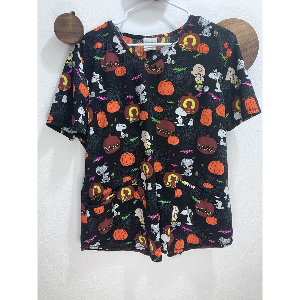 Peanuts Nurse Scrub Top Womens Large Black Halloween Snoopy Charlie Brown Cute